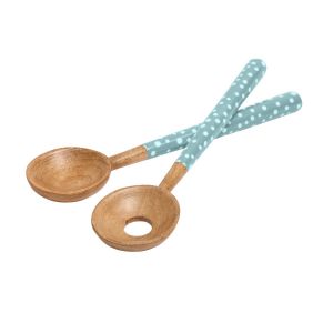 Mango wood salad servers set with enamelled handles, featuring white polka dots on a duck egg background.
