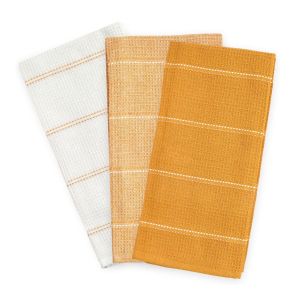 Set of 3 cotton tea towels featuring a waffle design, in ochre, yellow and white striped patterns.