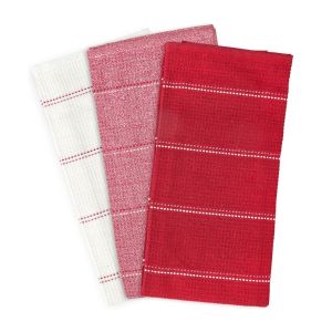 Set of 3 cotton tea towels featuring a waffle design, in red and white striped patterns.