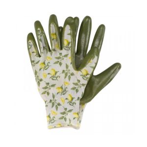Medium sized water resistant gardening gloves with green, nitrile coated palms and sicilian lemon print polyester backing.