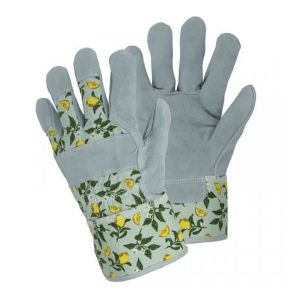 Sicilian lemons patterned gardening gloves made with split leather for thorn resistance.
