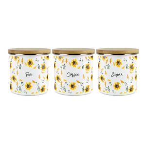 Set of enamel and bamboo tea, coffee and sugar canisters