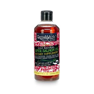 a large bottle of natural salmon oil, for supplementing a dog or cats diet
