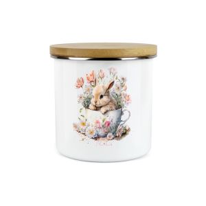 a white enamel tea storage canister with a design of a rabbit hiding in a teacup
