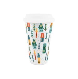 white porcelain travel mug with a silicone lid, with a festive Christmas design
