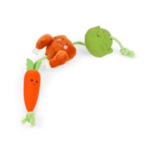 Tug of war rope toy with 3 embedded food-shaped chew toys for dogs.