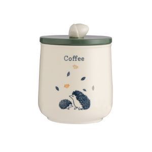 Ceramic coffee storage canister featuring a hedgehog design printed onto a cream background and green lid, with an acorn shaped handle.