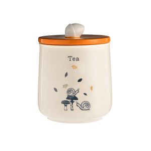 Cream coloured ceramic Tea canister, with orange lid, acorn shaped handle and illustrative design featuring a pair of snails playing on toadstools amongst falling leaves.